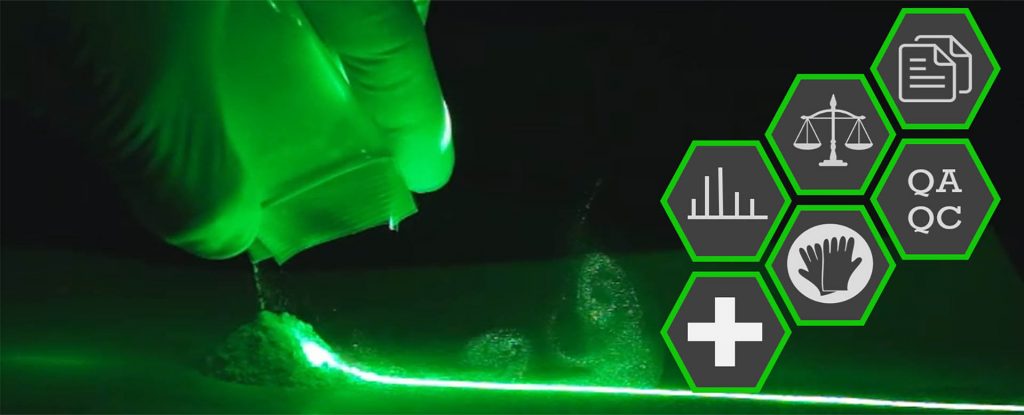 hands pouring baggie of white powder onto a surface under green light